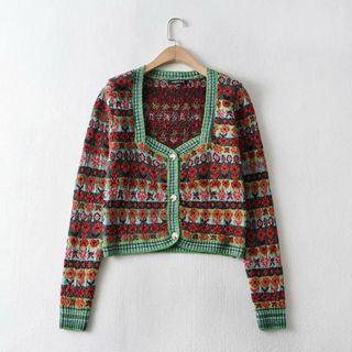 Floral Square Collar Cropped Cardigan