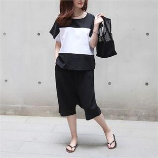 Set: Color-block Linen Blend Top + Cropped Harem Pants