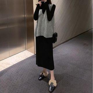 Plain V-neck Vest / Plain Turtle-neck Long-sleeve Dress