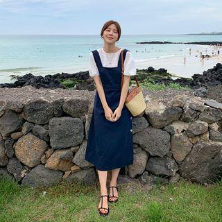 Button-side Long Pinafore Dress Navy Blue - One Size