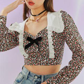 Lapel Floral Velvet Bow Top