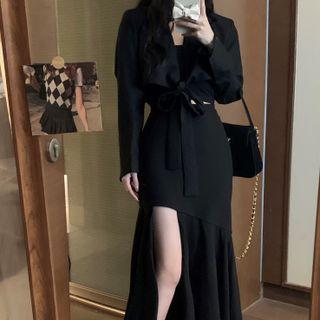 Asymmetrical Midi A-line Skirt / Cropped Blazer