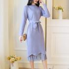 Set: Long-sleeve Knit Dress + Lace Midi Skirt