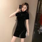 Traditional Chinese Short-sleeve Glitter Velvet Mini Dress