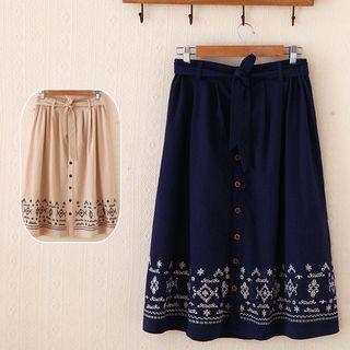 Embroidered Button Down Midi Skirt