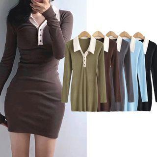 Long Sleeve Contrast-trim V-neck Mini Bodycon Dress