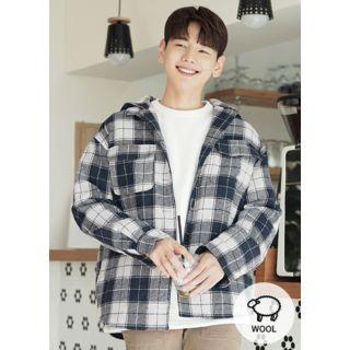 Detachable-hood Wool Blend Plaid Jacket