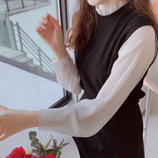 Frilled-neck Color-block Top Black - One Size