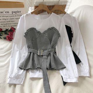 Mock Two-piece Gingham Belted Blouse