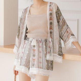 Set: Patterned Lace Trim Jacket + Tasseled Shorts As Shown In Figure - One Size