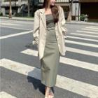 Double Breast Oversize Silky Blazer / Plain Crop Tube Top / High Waist Maxi Split Skirt