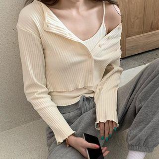 Set: Plain Slim-fit Camisole Top + Light Cardigan Almond - One Size