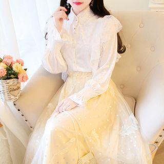 Lace Blouse / Mesh Midi A-line Skirt / Set