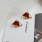 Triangle Faux Pearl Alloy Earring 1 Pair - Silver Stud - Brown - One Size