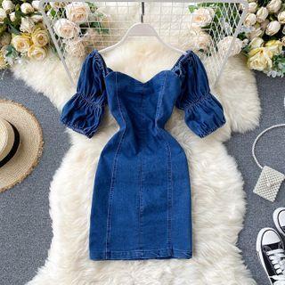 V-neck Off-shoulder Puff-sleeve Denim Dress