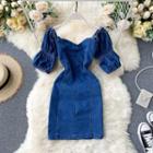 V-neck Off-shoulder Puff-sleeve Denim Dress