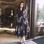 3/4-sleeve Floral V-neck Midi Dress