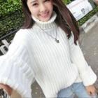 Bell-sleeve Mock-turtleneck Long-sleeved Loose-fit Straight Knitted Sweater