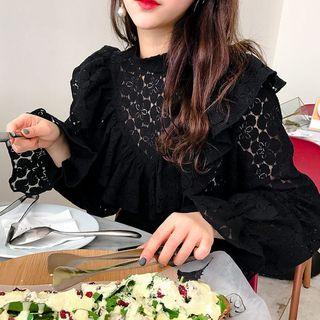 Mandarin-collar Puff-sleeve Lace Blouse