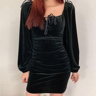 Puff-sleeve Velvet Dress