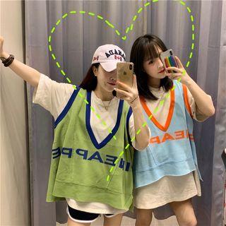 Lettering Knit Vest / Elbow-sleeve T-shirt