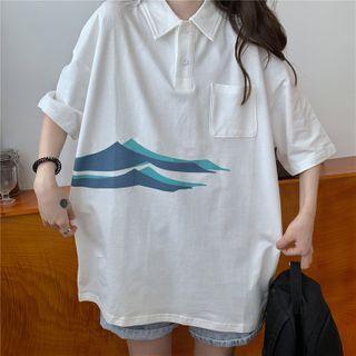 Short-sleeve Mountain Print Polo Shirt
