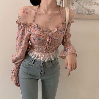 Floral Print Cold-shoulder Cropped Blouse
