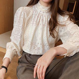 Mock-neck Balloon-sleeve Lace Top