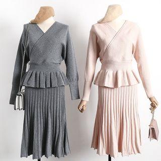 Set: V-neck Sweater + Pleated Midi Skirt