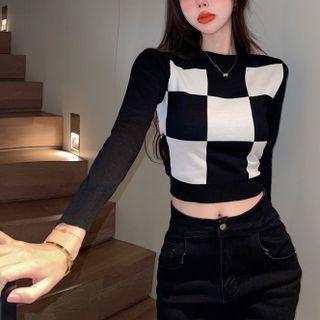 Checkerboard Slim-fit Knit Crop Top