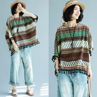 Printed Tassel Detail Elbow-sleeve Blouse As Shown In Figure - One Size