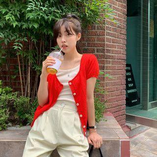 U-neck Short-sleeve Ribbed Cardigan