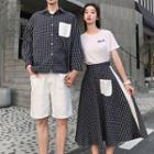 Couple Matching Plaid Midi A-line Skirt / Shirt / Plain Shorts / Short-sleeve T-shirt