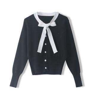 Contrast Trim Bow-neck Cardigan