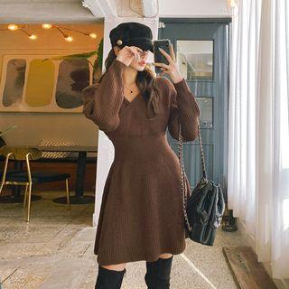 Wrap-front Flared Rib-knit Dress