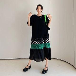 Short-sleeve Two-tone Ruffle Trim Midi T-shirt Dress