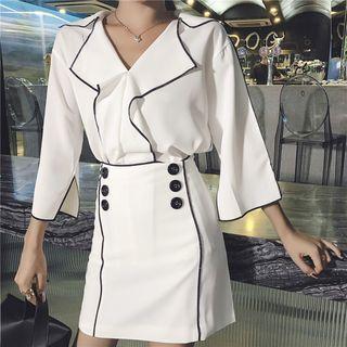 Set: Slit 3/4-sleeve Blouse + Double-breasted A-line Skirt