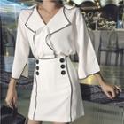 Set: Slit 3/4-sleeve Blouse + Double-breasted A-line Skirt