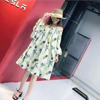 Pineapple Print Off-shoulder Long-sleeve Dress