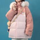 Hooded Fluffy Trim Two-tone Padded Jacket