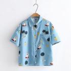 Cartoon Print Short-sleeve Shirt Light Blue - One Size