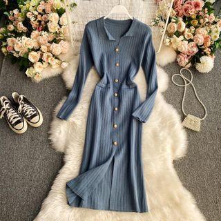 Plain Single-breasted Skinny Long-sleeve Knitted Dress