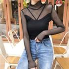 Mock-two Mesh Stand-collar Long-sleeve Top