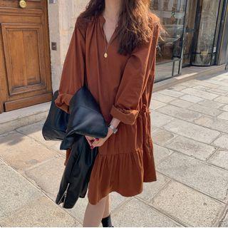 Long-sleeve Tiered Mini A-line Dress Brown - One Size