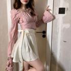 Square Neck Cropped Blouse / Tie-waist A-line Skirt