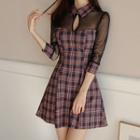 Mesh Panel Collared Plaid A-line Mini Dress
