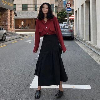 Plain V-neck Blouse / Midi A-line Skirt / Set