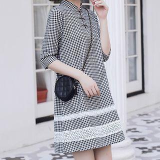 Gingham Lace Trim Elbow-sleeve Shift Qipao