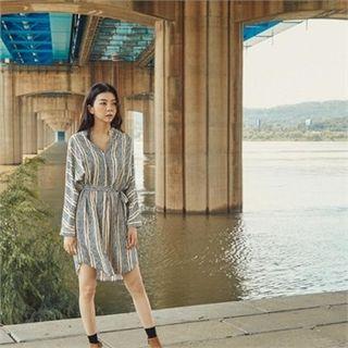 Open-placket Patterned Dress With Sash