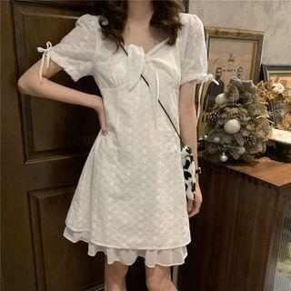 Short-sleeve Eyelet Lace Tie-front A-line Dress White - One Size